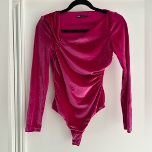 Zara Fuchsia Velvet Draped Long-Sleeve Bodysuit
